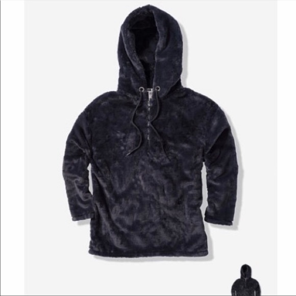 VS Pink HoodieFaux Fur Half Zip pullover Black S - Picture 4 of 5